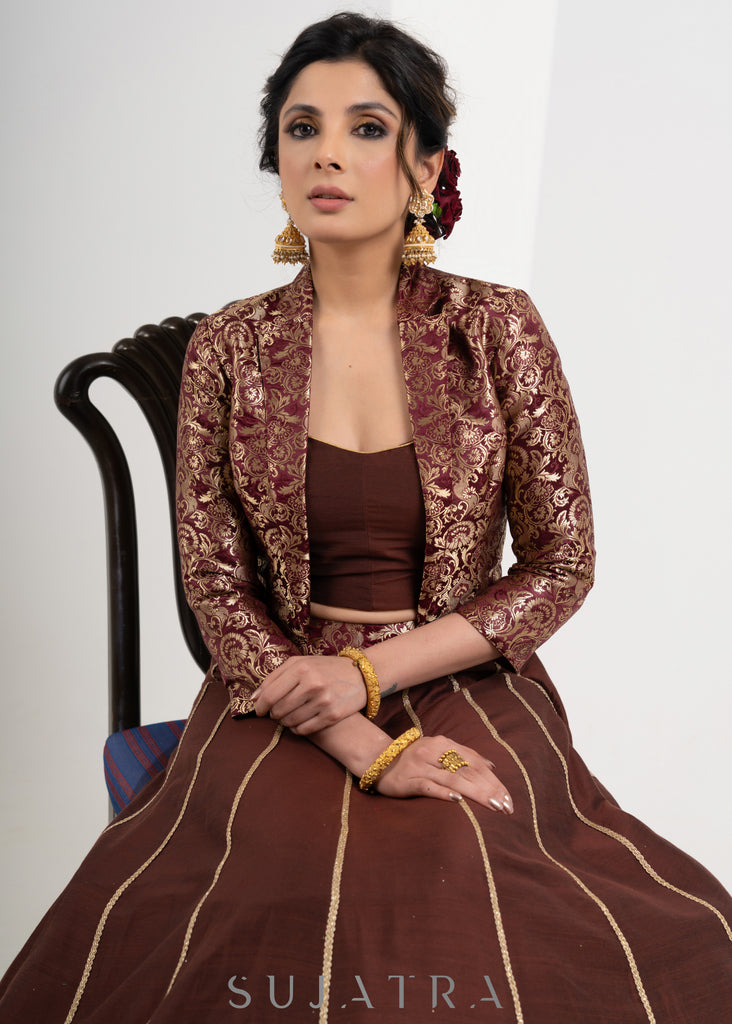 Trendy Brown Brocade Cotton Silk Combination Lehenga with Jacket