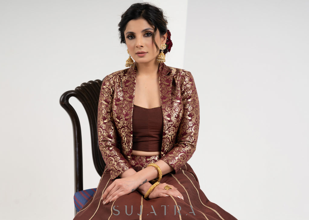 Trendy Brown Brocade Cotton Silk Combination Lehenga with Jacket