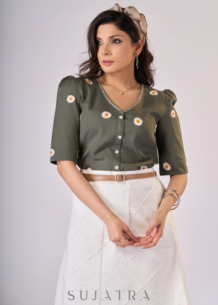 Elegant Grey cotton top with sunflower embroidery - Skirt Optional