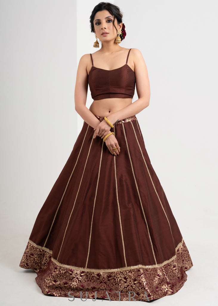 Trendy Brown Brocade Cotton Silk Combination Lehenga with Jacket