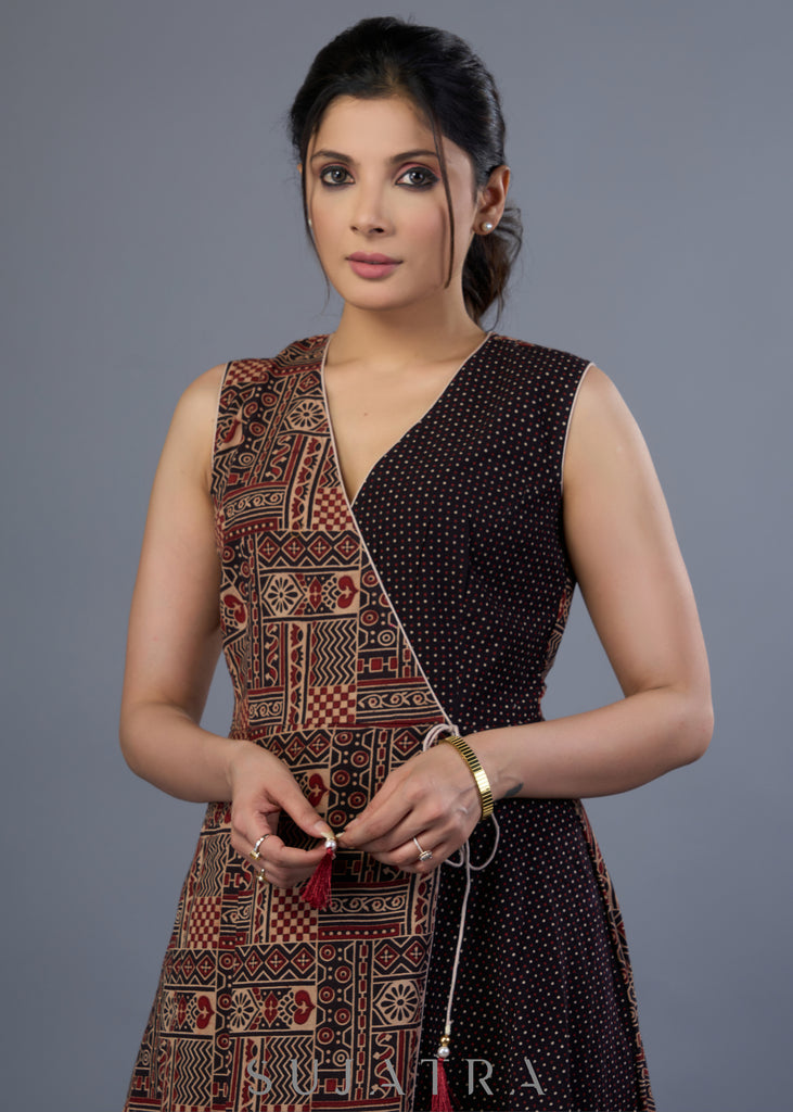 Stylish Black Cotton Ajrakh Overlap Dress