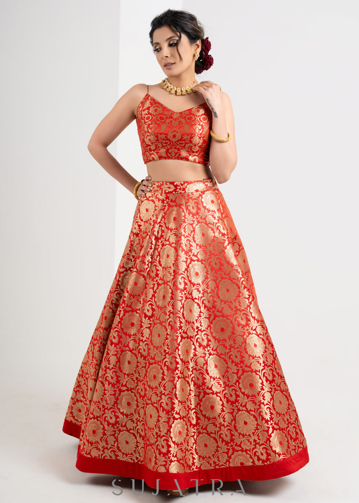 Traditional Red Brocade Lehenga with Brocade Blouse & Net dupatta