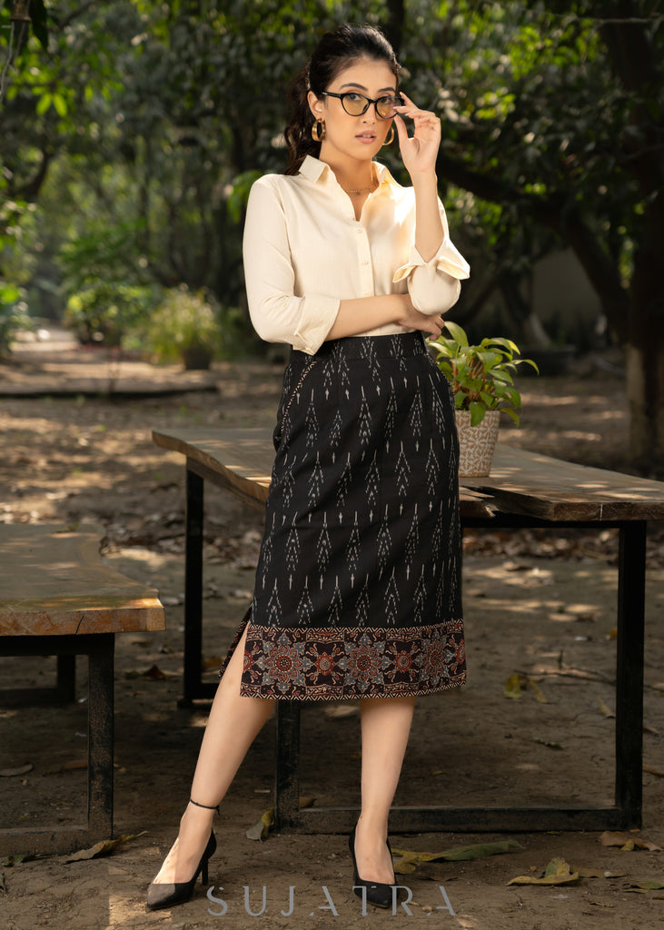 Classic black ikat fitted skirt with beautiful ajrakh combination and optional shirt