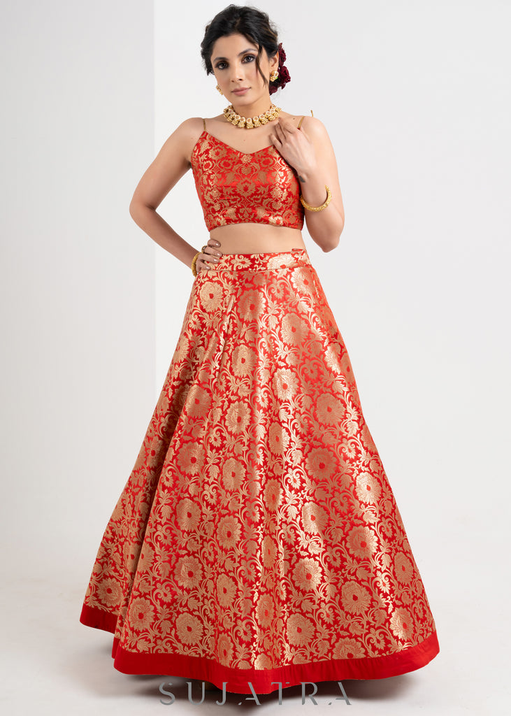 Traditional Red Brocade Lehenga with Brocade Blouse & Net dupatta