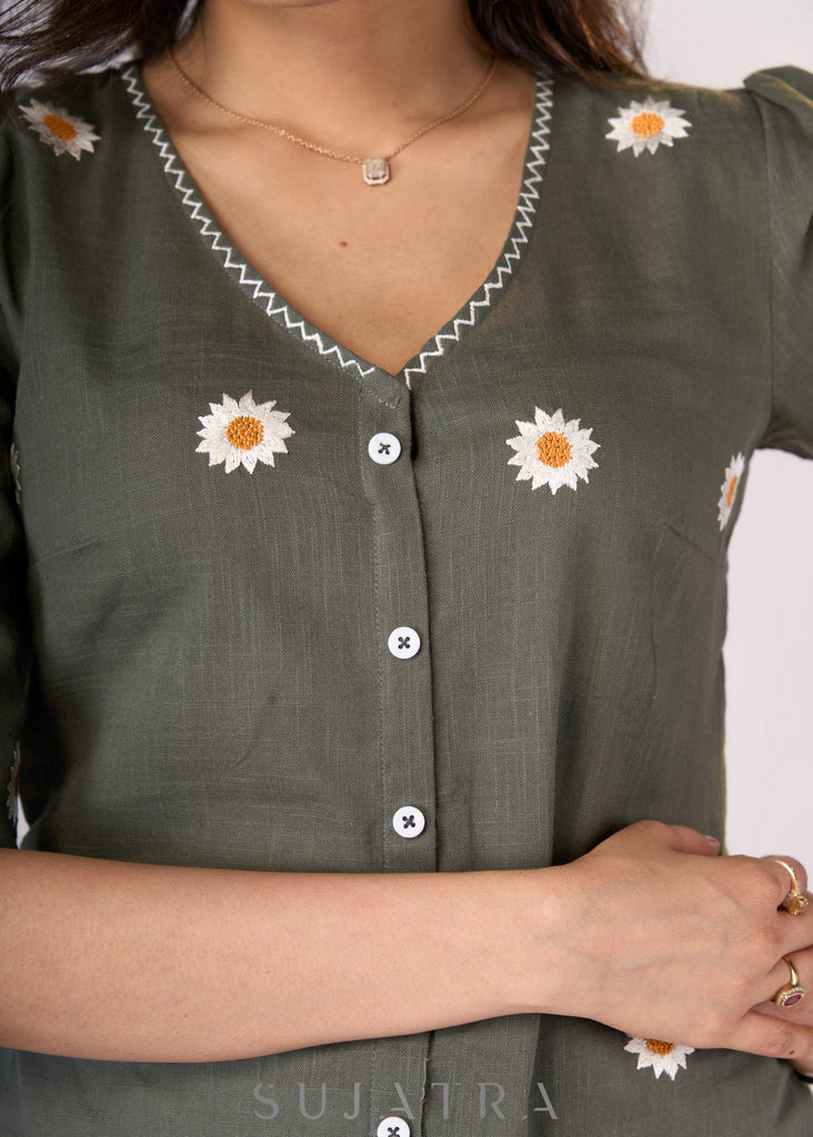 Elegant Grey cotton top with sunflower embroidery - Skirt Optional