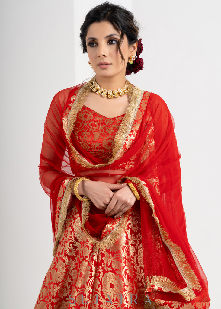 Traditional Red Brocade Lehenga with Brocade Blouse & Net dupatta