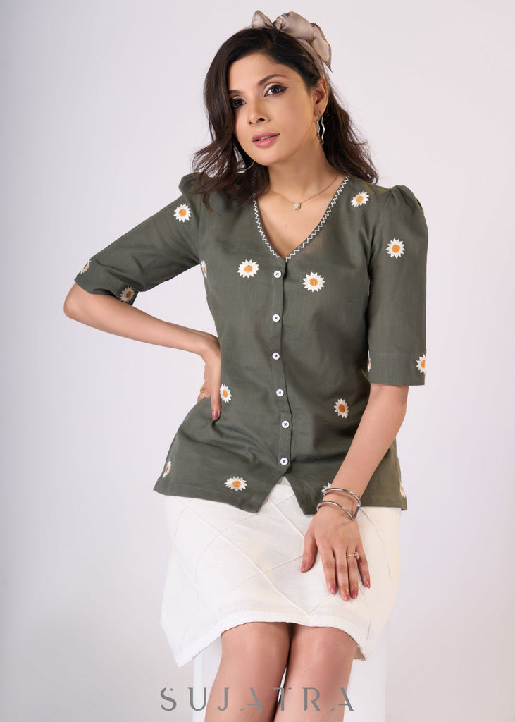 Elegant Grey cotton top with sunflower embroidery - Skirt Optional