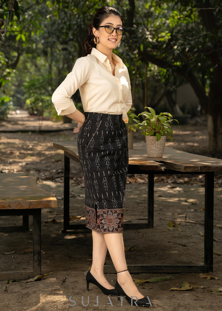 Classic black ikat fitted skirt with beautiful ajrakh combination and optional shirt