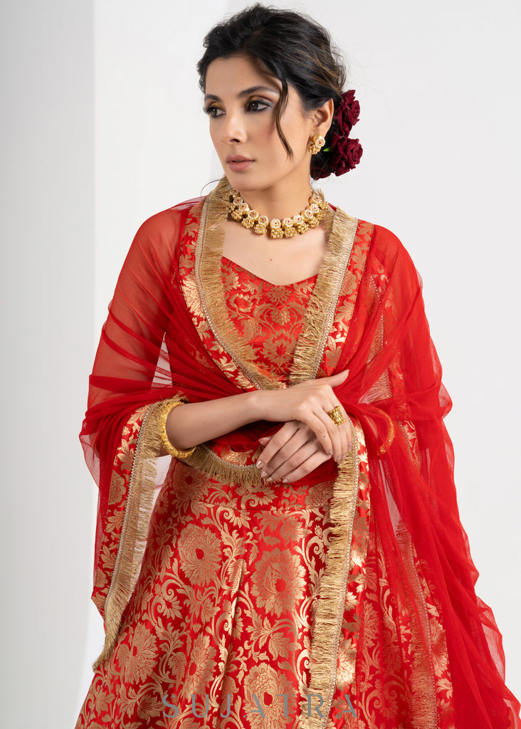 Traditional Red Brocade Lehenga with Brocade Blouse & Net dupatta