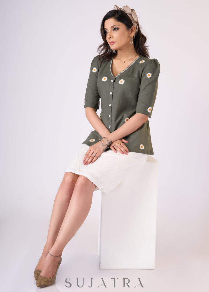 Elegant Grey cotton top with sunflower embroidery - Skirt Optional