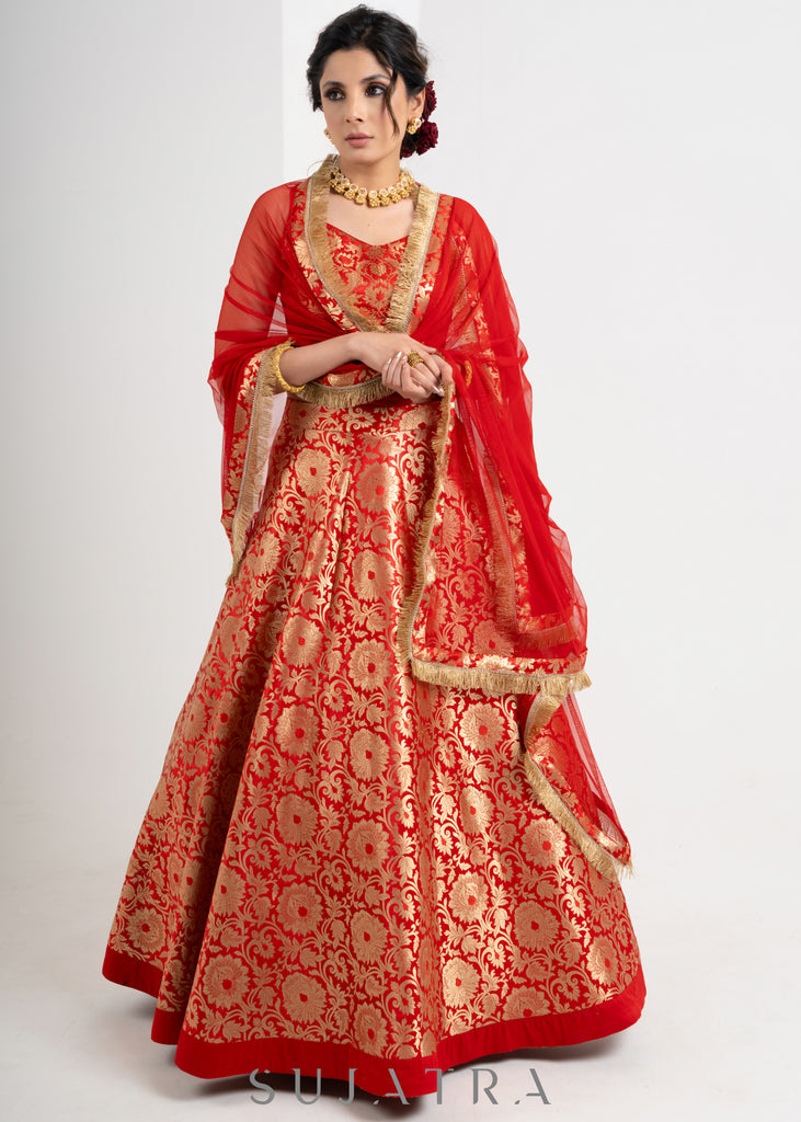 Traditional Red Brocade Lehenga with Brocade Blouse & Net dupatta