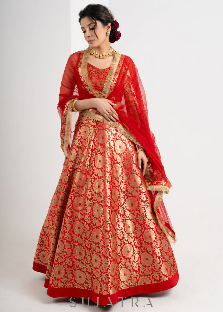 Traditional Red Brocade Lehenga with Brocade Blouse & Net dupatta