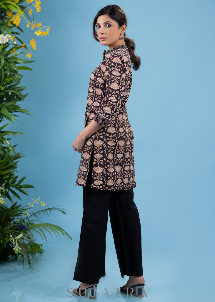 Trendy floral printed cotton tunic with ajrakh combination