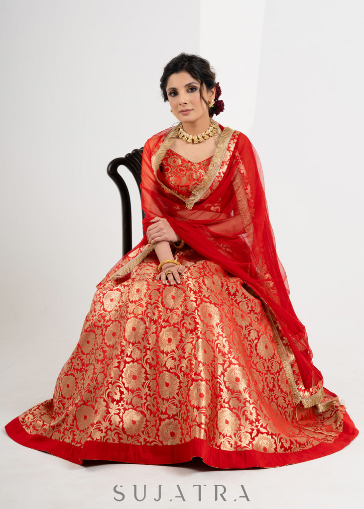 Traditional Red Brocade Lehenga with Brocade Blouse & Net dupatta