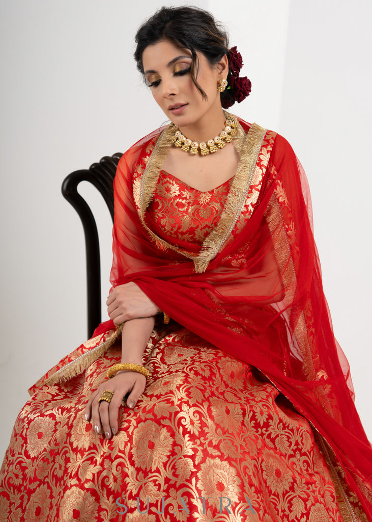 Traditional Red Brocade Lehenga with Brocade Blouse & Net dupatta