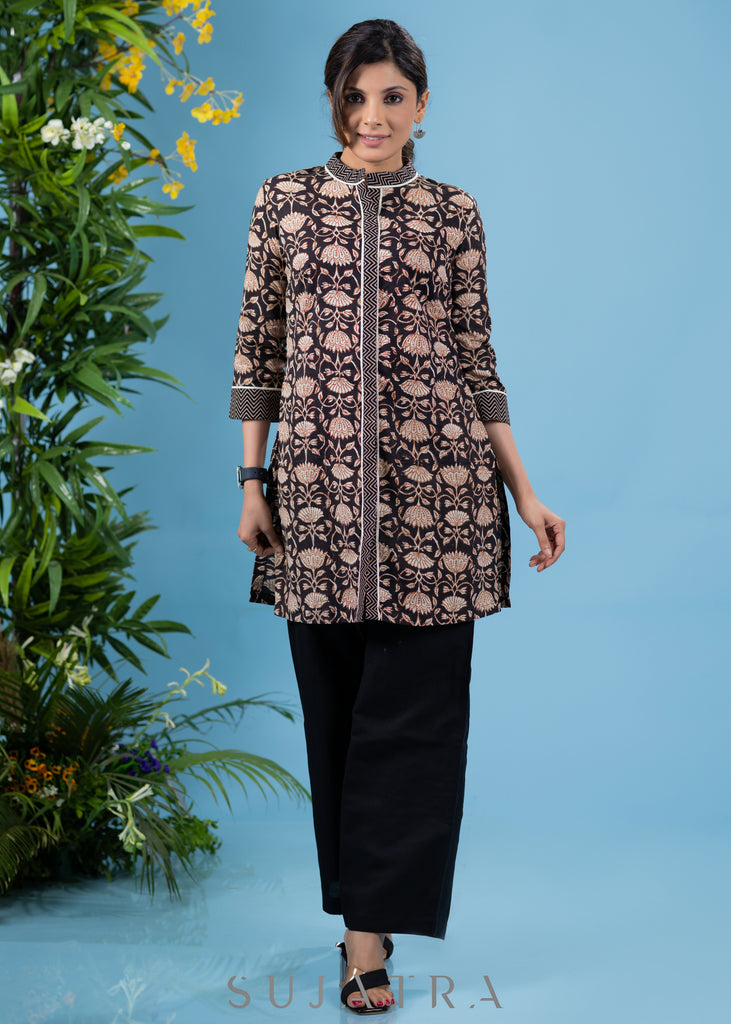 Trendy floral printed cotton tunic with ajrakh combination