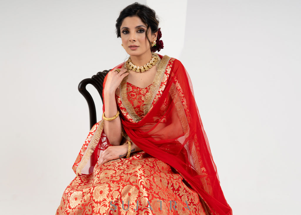 Traditional Red Brocade Lehenga with Brocade Blouse & Net dupatta