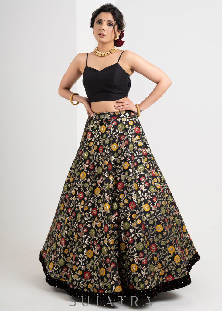 Gorgeous Black Hand Embroidered Velvet & Brocade Combination Lehnga with Jacket