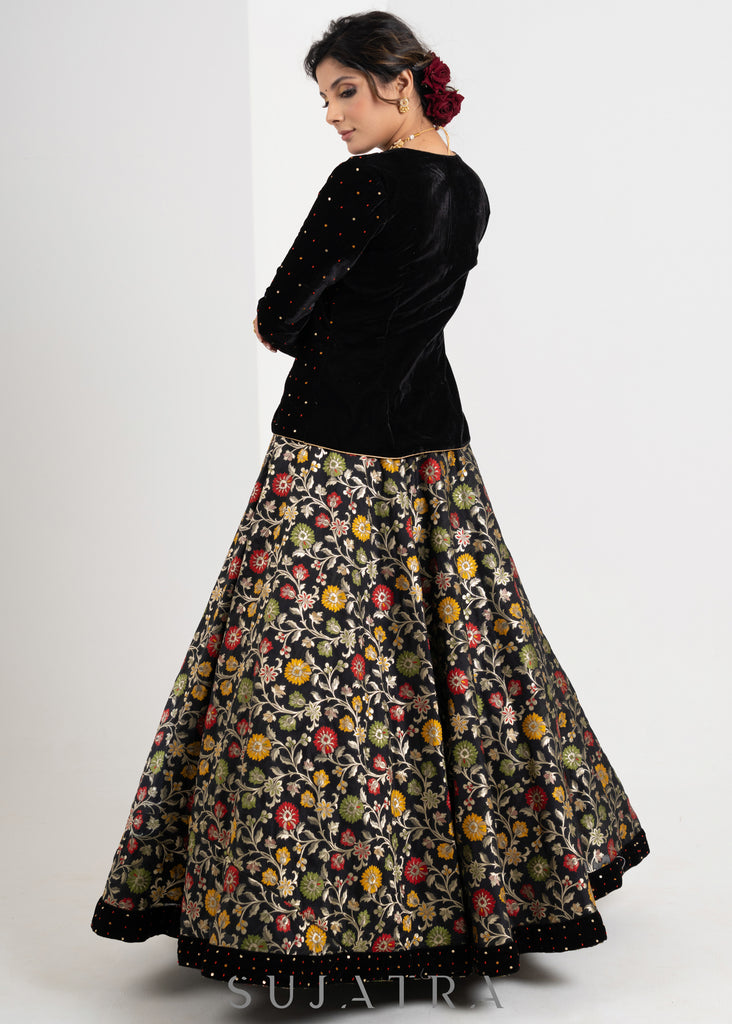 Gorgeous Black Hand Embroidered Velvet & Brocade Combination Lehnga with Jacket