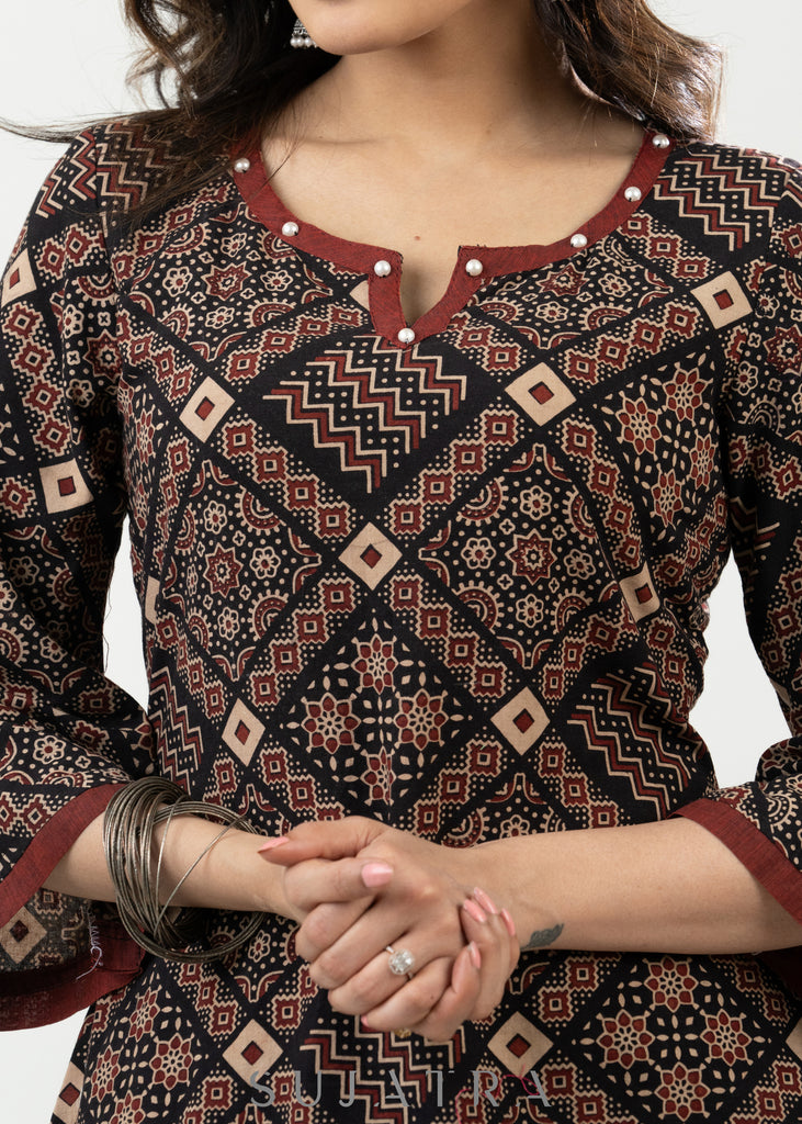 Stylish Black Ajrak Cotton A Line Kurta With Stone Highlights Along Neck - Palazzo Optional