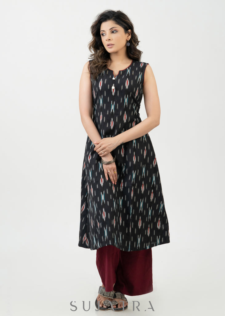 Smart Black Cotton Ikat Sleeveless Kurta - Pant Optional