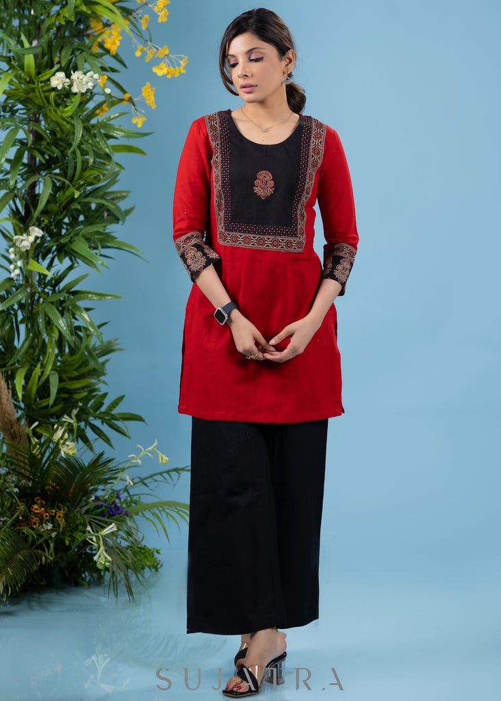 Classic red cotton tunic with ajrakh combination yoke highlighted with applique motif