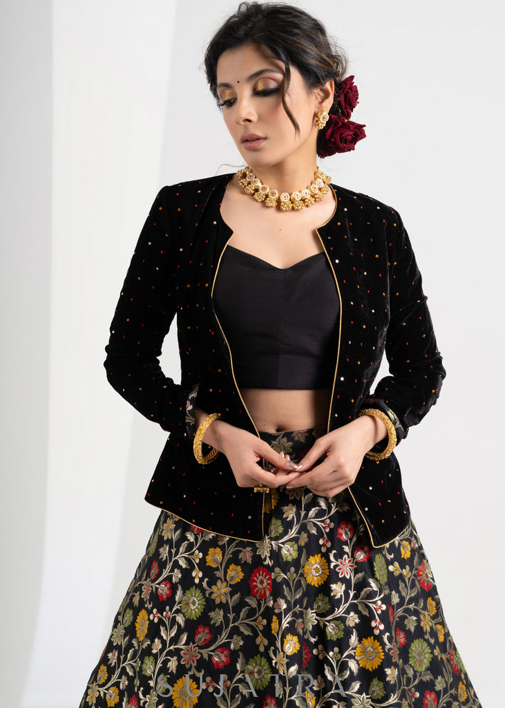 Gorgeous Black Hand Embroidered Velvet & Brocade Combination Lehnga with Jacket