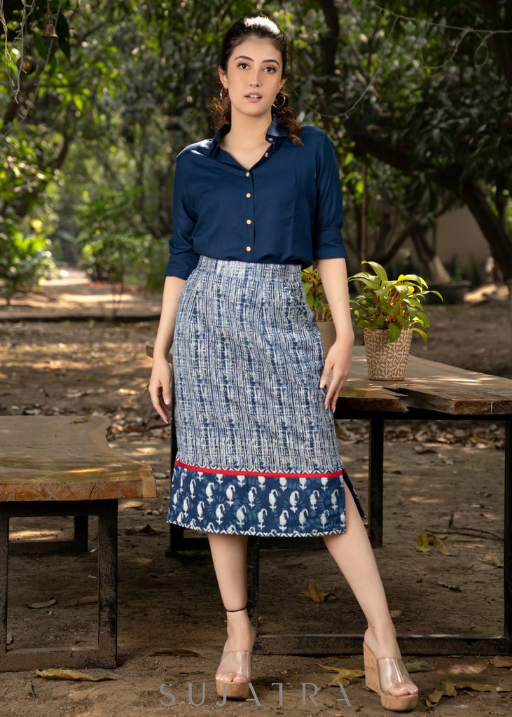 Trendy cotton indigo combination fitted skirt with optional navy blue rayon shirt