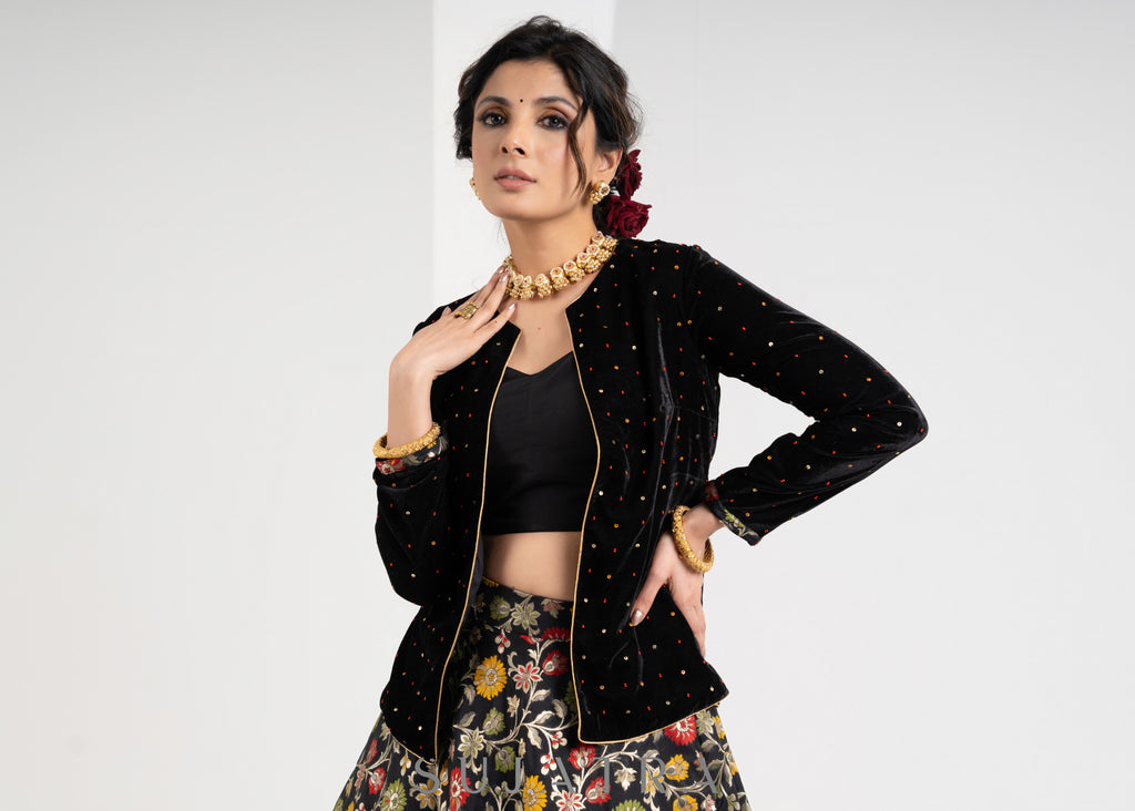 Gorgeous Black Hand Embroidered Velvet & Brocade Combination Lehnga with Jacket