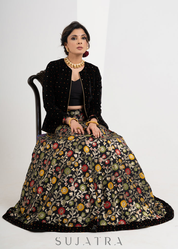 Gorgeous Black Hand Embroidered Velvet & Brocade Combination Lehnga with Jacket