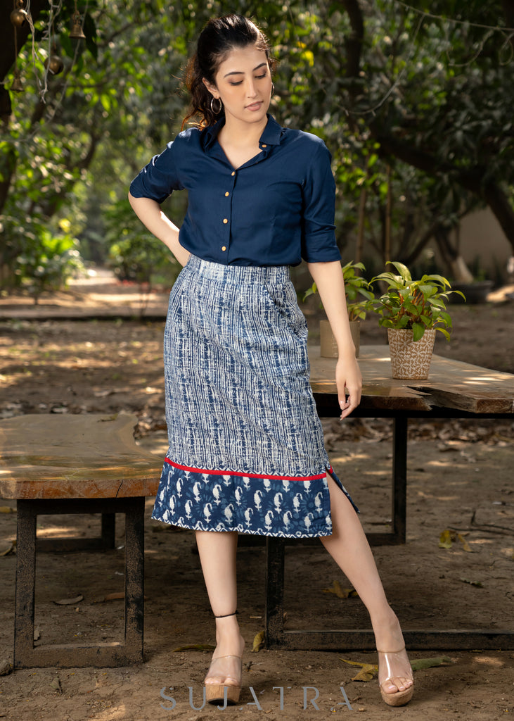 Trendy cotton indigo combination fitted skirt with optional navy blue rayon shirt