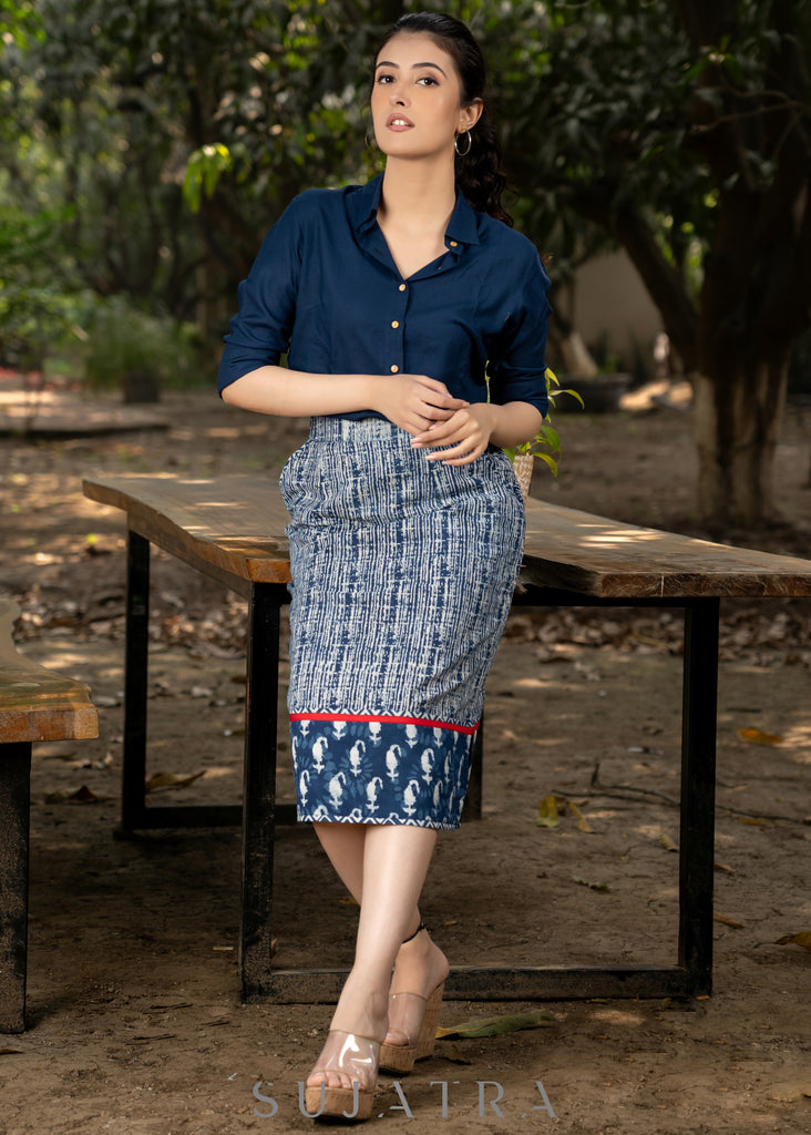 Trendy cotton indigo combination fitted skirt with optional navy blue rayon shirt