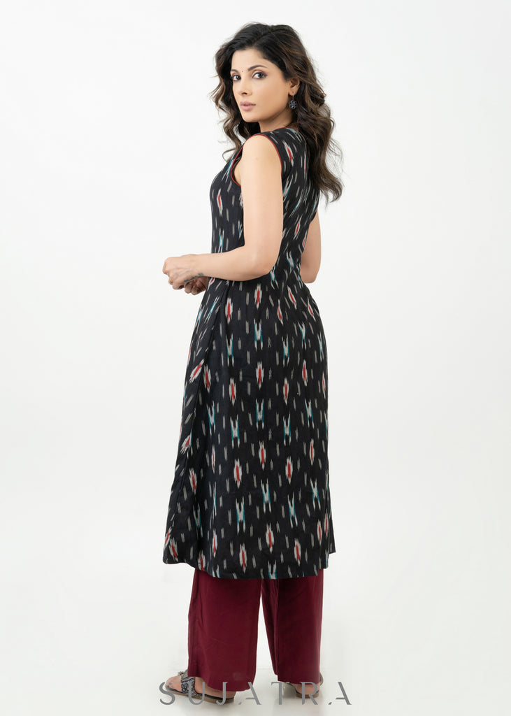 Smart Black Cotton Ikat Sleeveless Kurta - Pant Optional