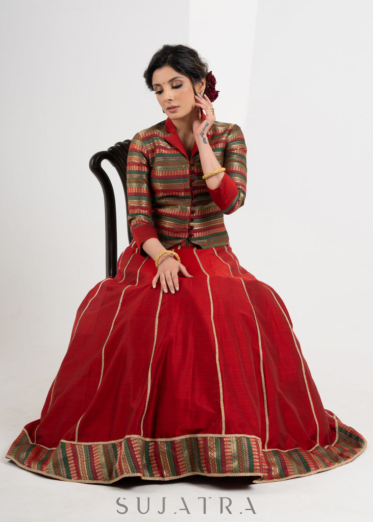 Stylish Maroon Brocade Waist Coat with Cotton Silk Lehenga and Gold Detailing