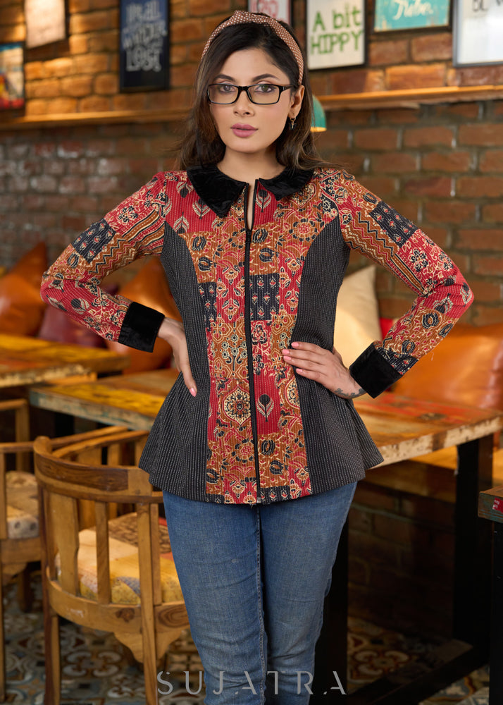 Black & red cotton kantha princess cut shirt with zipper & velvet collar