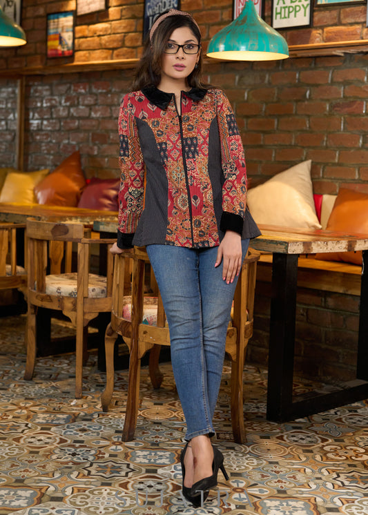 Black & red cotton kantha princess cut shirt with zipper & velvet collar