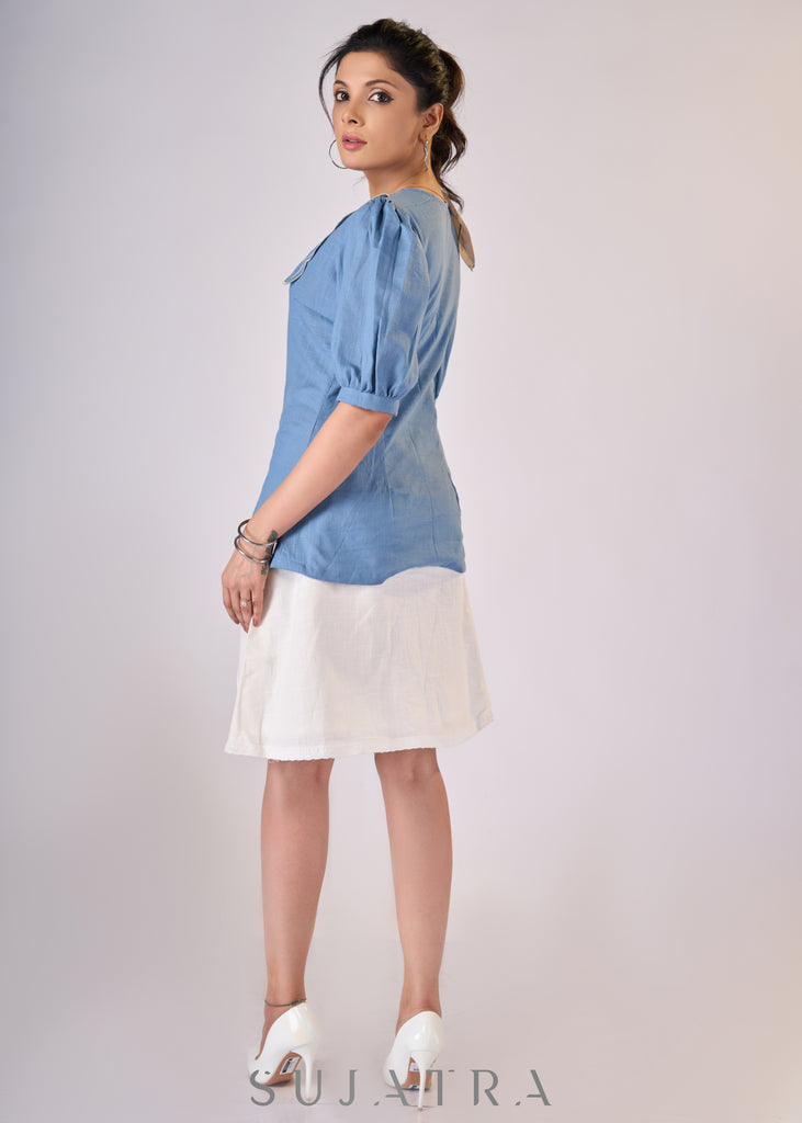 Powder blue cotton top with scalloped collar & embroidery - Skirt Optional