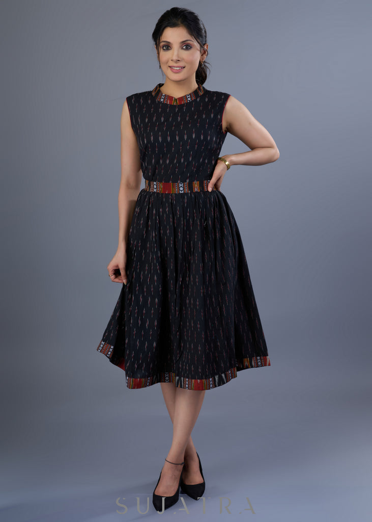 Stylish Black Cotton Ikkat Combination Dress