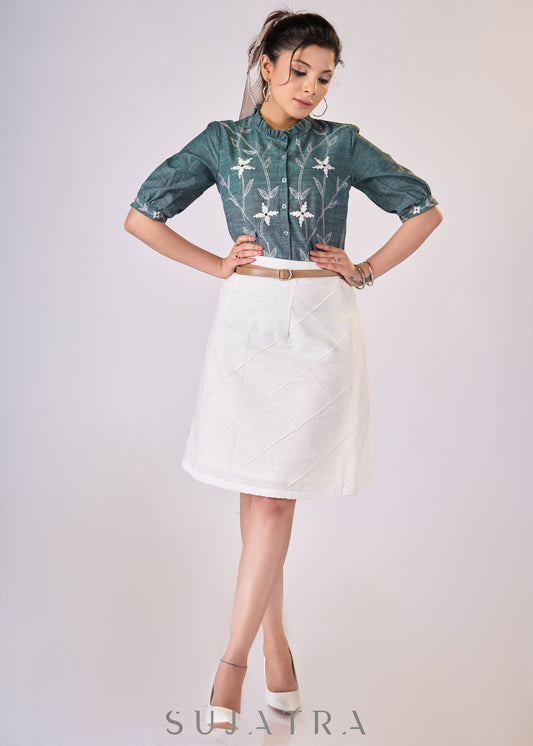 Teal green cotton top with embroidery all over - Skirt Optional