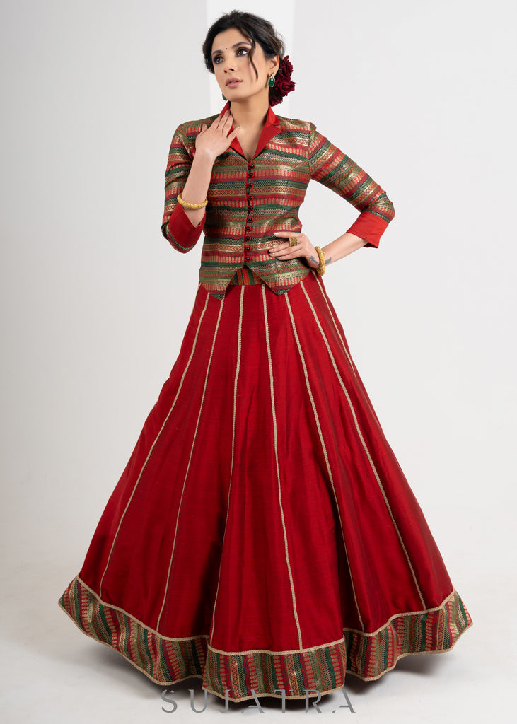 Stylish Maroon Brocade Waist Coat with Cotton Silk Lehenga and Gold Detailing