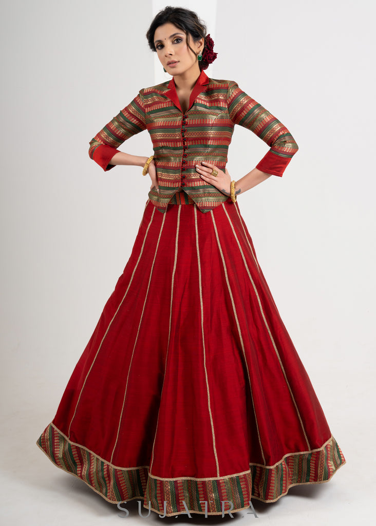 Stylish Maroon Brocade Waist Coat with Cotton Silk Lehenga and Gold Detailing