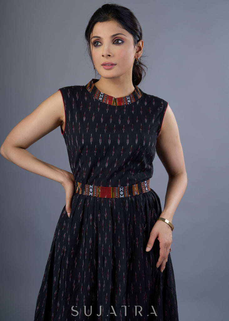 Stylish Black Cotton Ikkat Combination Dress