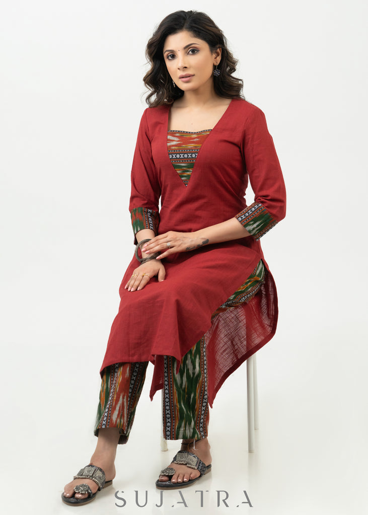 Trendy Maroon Cotton Ikat Combination Kurta - Ikat Pant Optional