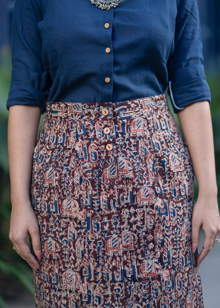 Smart Indo Western Kalamkari Skirt Navy Blue Rayon Shirt Optional