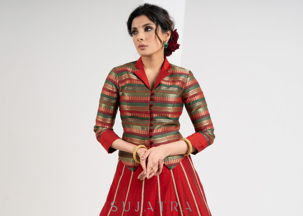 Stylish Maroon Brocade Waist Coat with Cotton Silk Lehenga and Gold Detailing