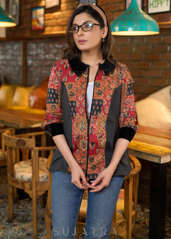 Black & red cotton kantha princess cut shirt with zipper & velvet collar