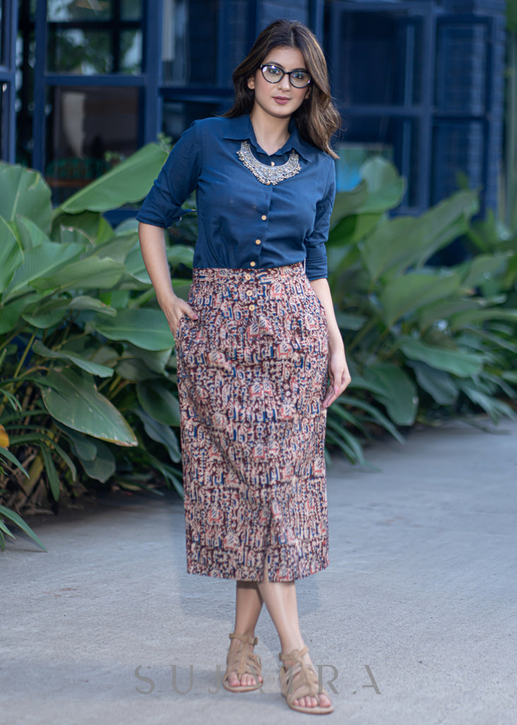 Smart Indo Western Kalamkari Skirt Navy Blue Rayon Shirt Optional