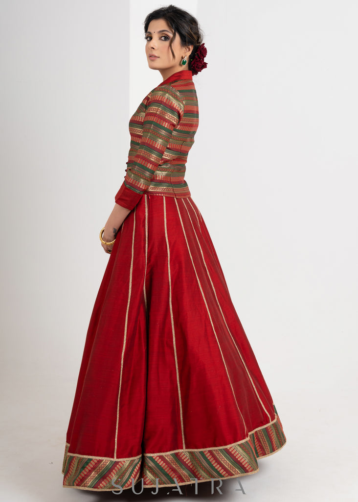 Stylish Maroon Brocade Waist Coat with Cotton Silk Lehenga and Gold Detailing