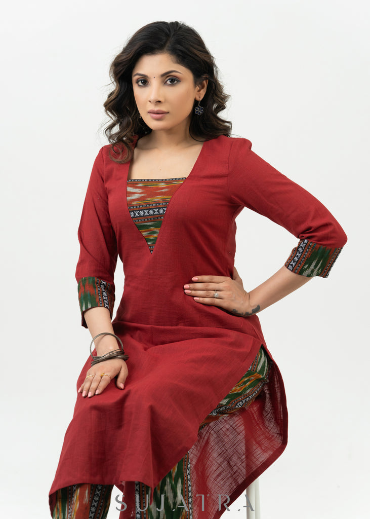 Trendy Maroon Cotton Ikat Combination Kurta - Ikat Pant Optional