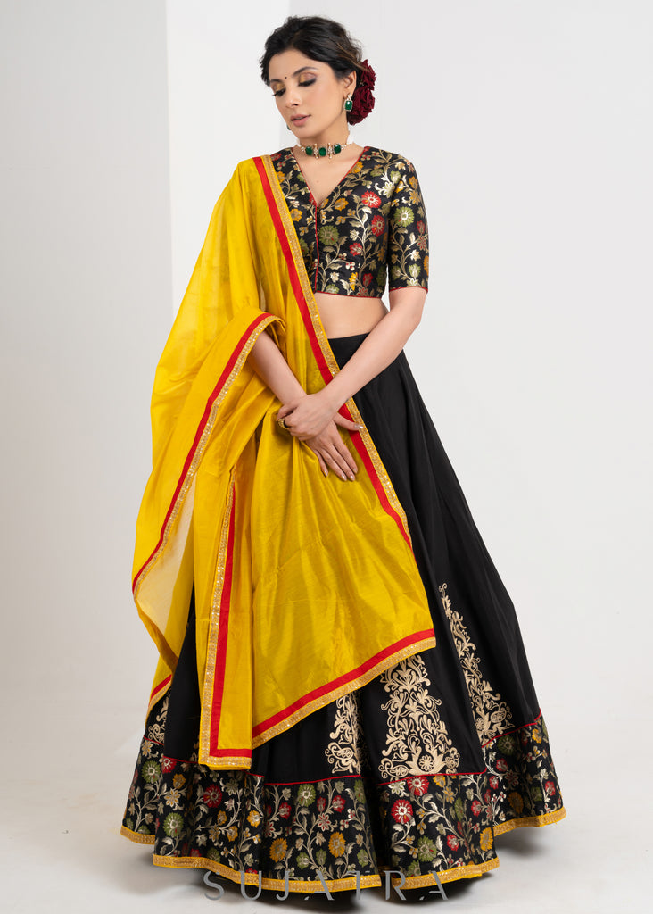 Elegant Black Cotton silk lehenga with brocade blouse & Contract dupatta with delicate Embroidery